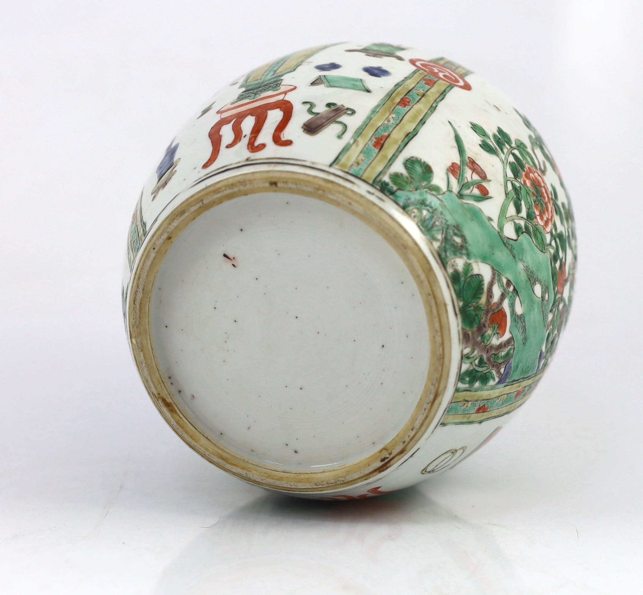 A Chinese famille verte 'Hundred Antiques' ovoid jar, Kangxi period, star crack
